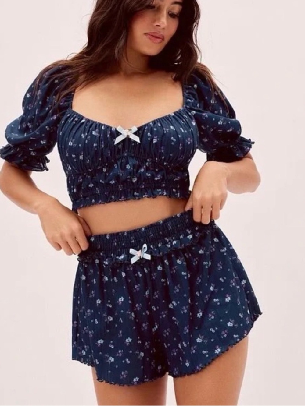 For Love & Lemons Navy Floral Lola Pointelle Crop Top & Shorts Set M/L